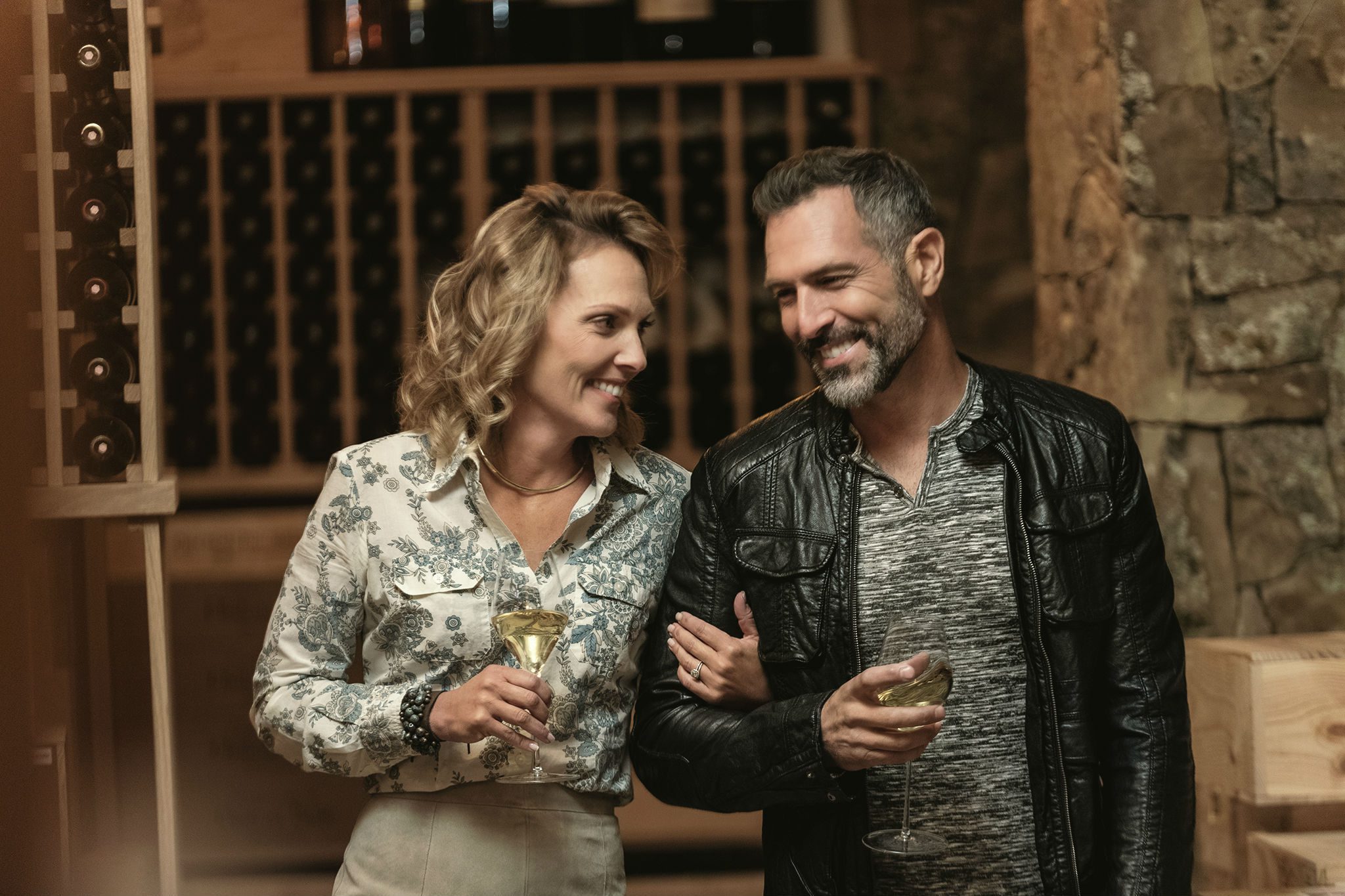 Couple in wine cellar